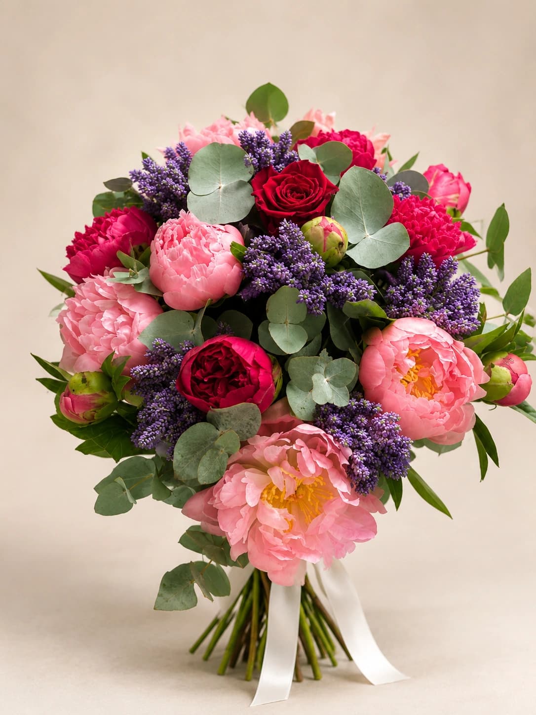 Bouquet rond de pivoines roses et de roses